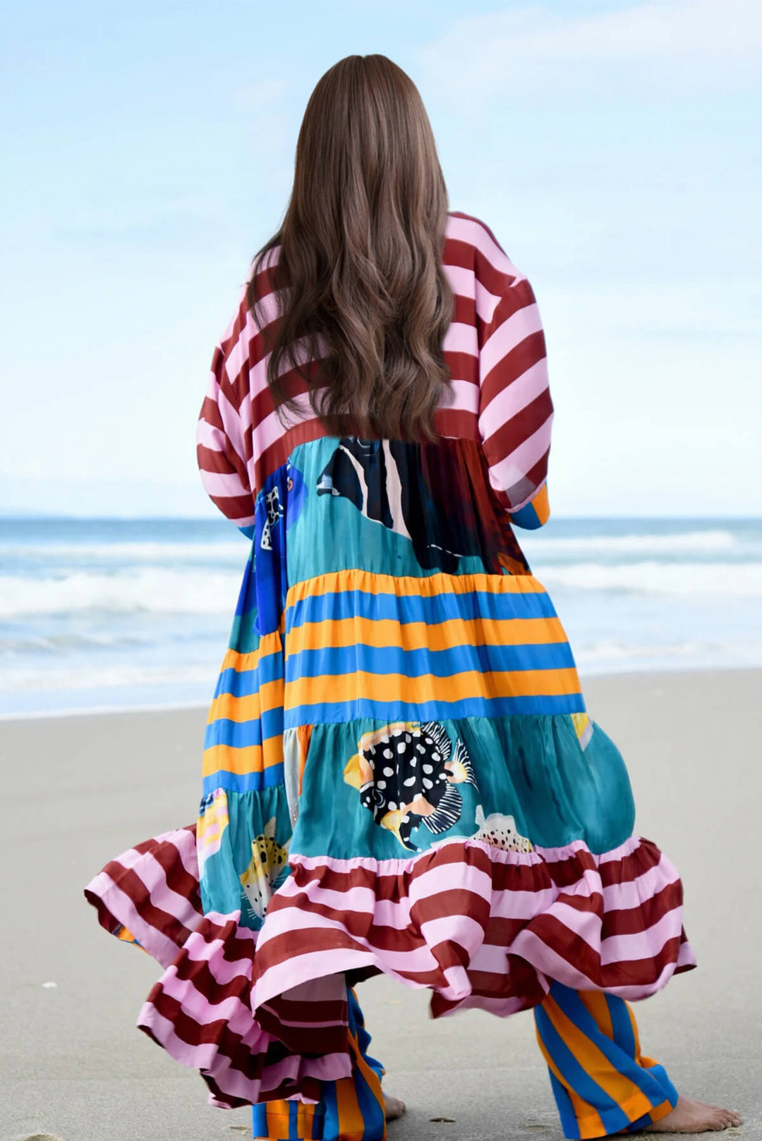 Unique Fashion Striped Print Long Kimono-Style Top