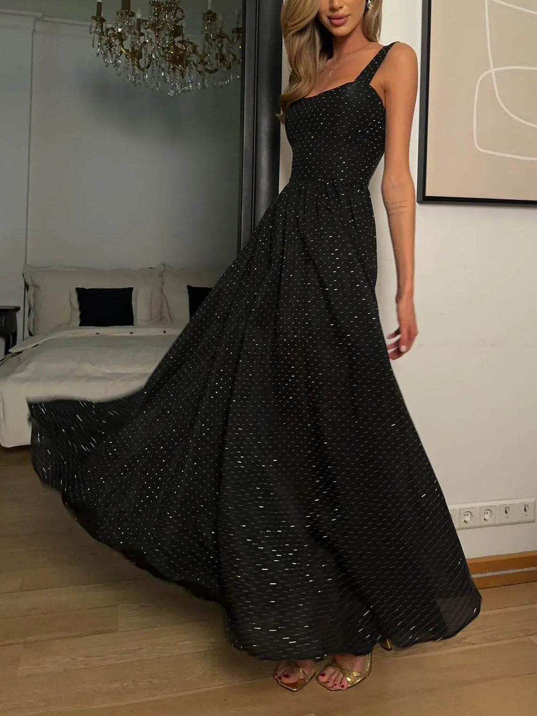 Elegant Sleeveless Fluffy Hem Maxi Dress