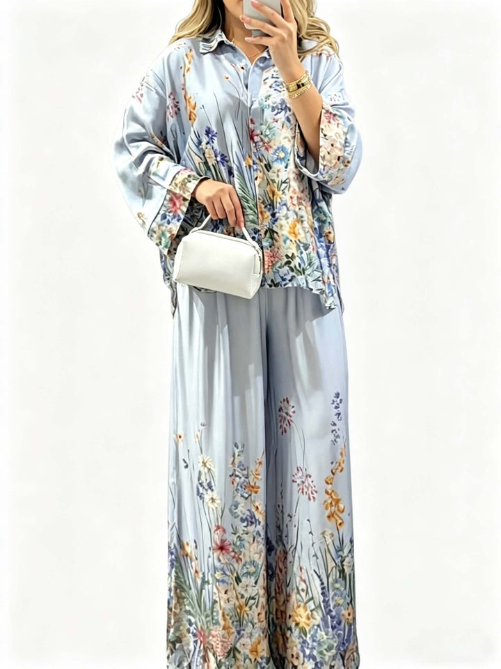Elegant Floral Print Satin Wide Leg Pants