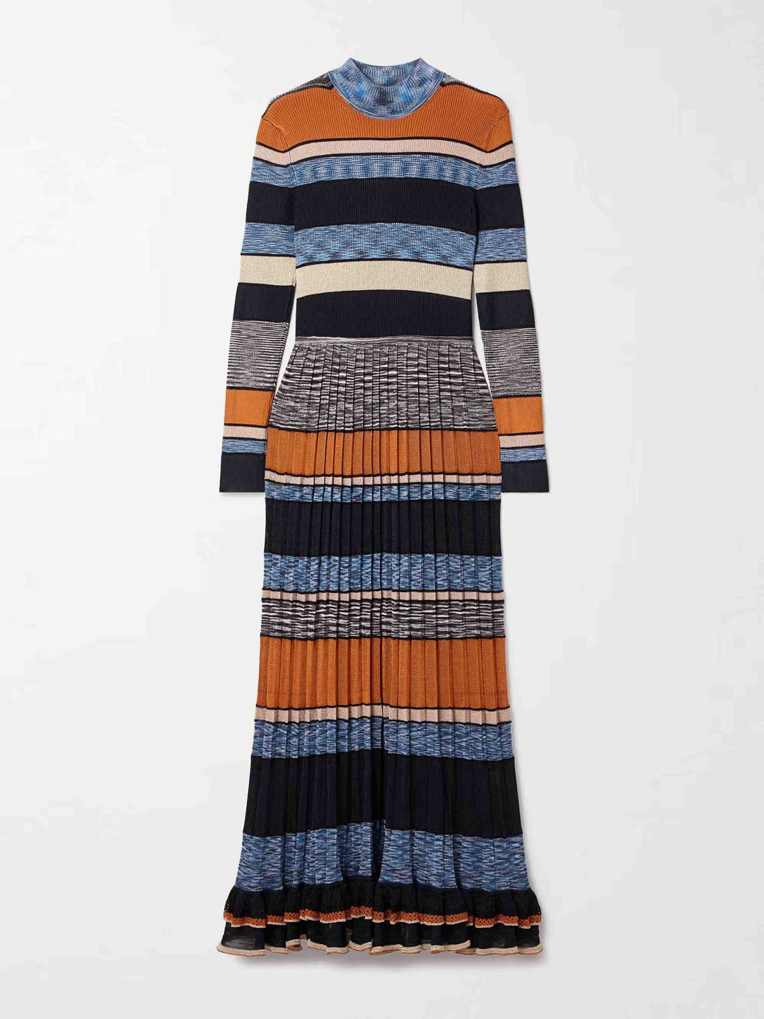 Exquisite Colorful Striped Ruffled Knit High-Neck Maxi Dress