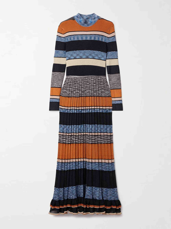 Exquisite Colorful Striped Ruffled Knit High-Neck Maxi Dress