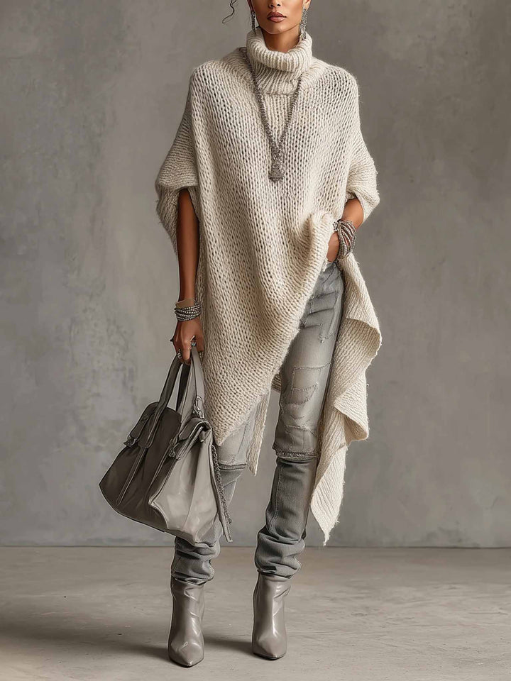 Asymmetrical Hem High-neck Knit Midi Dress