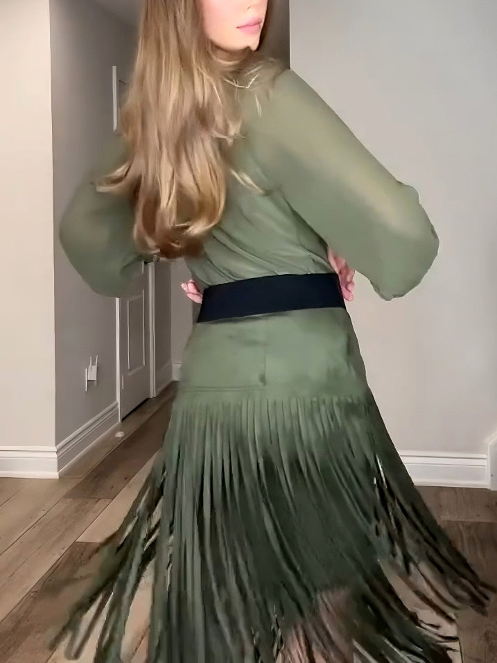 Elegant High-waisted Tassel Skirt Two-piece Set