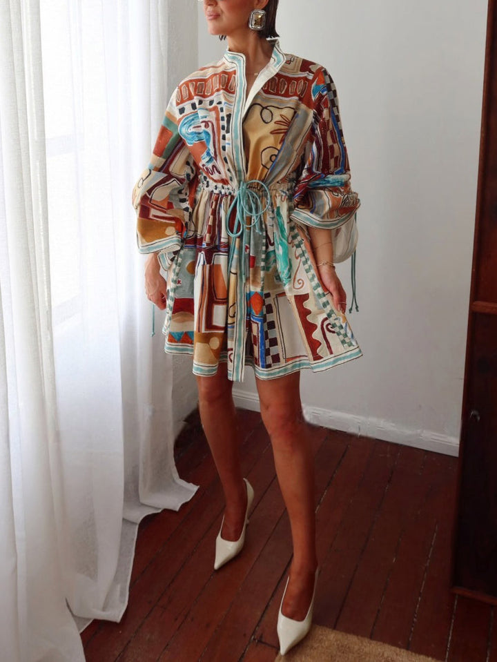 Unique Painted Pattern Print Lace-up Mini Dress