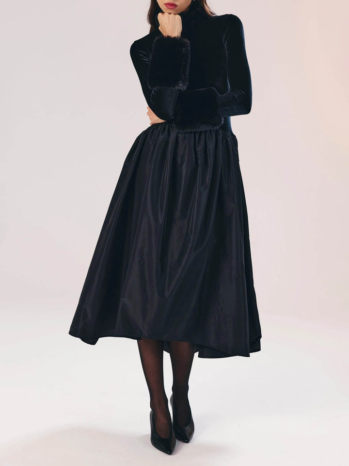 Elegant Velvet High-Neck Faux Fur Cuff Midi Dress