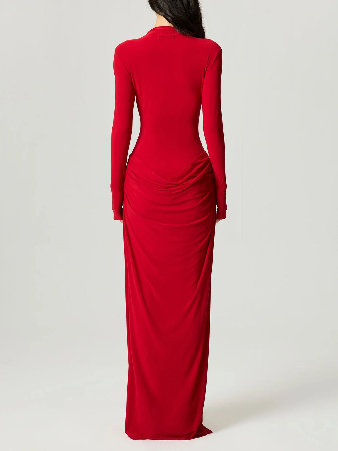 Elegant High-Neck Ruched Long-Sleeved Bodycon Maxi Dress