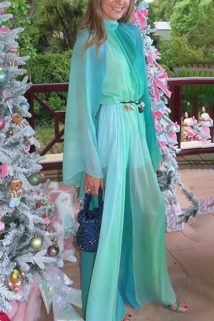 Delicate Gradient Print Draped Raglan Sleeve Maxi Dress