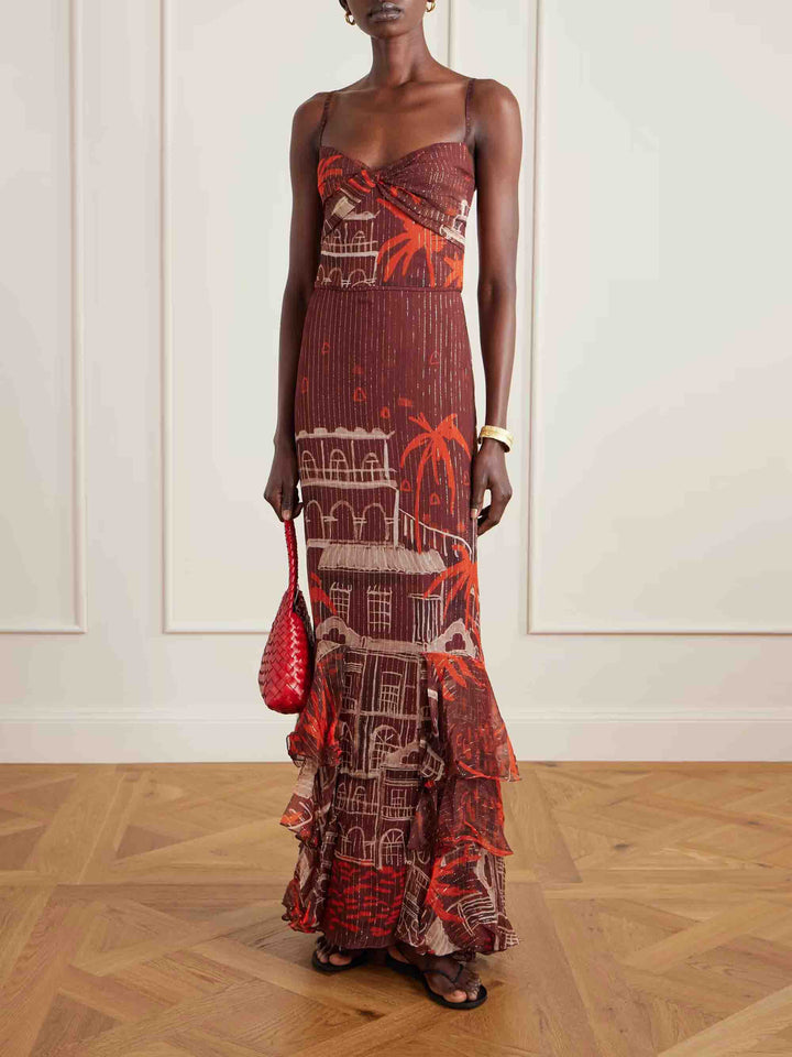 Retro Palm Tree Print Chiffon Maxi Dress