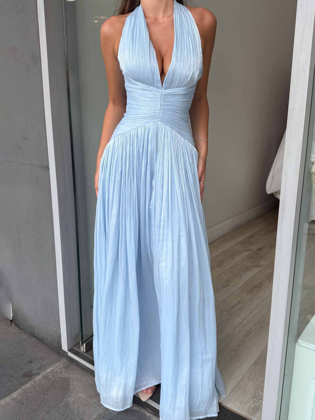 Elegant V-neck Pleated Slit Maxi Dress