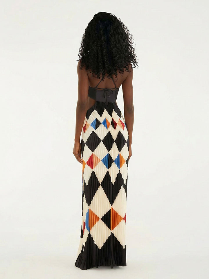 Elegant Strapless Geometric Pleated Maxi Dress