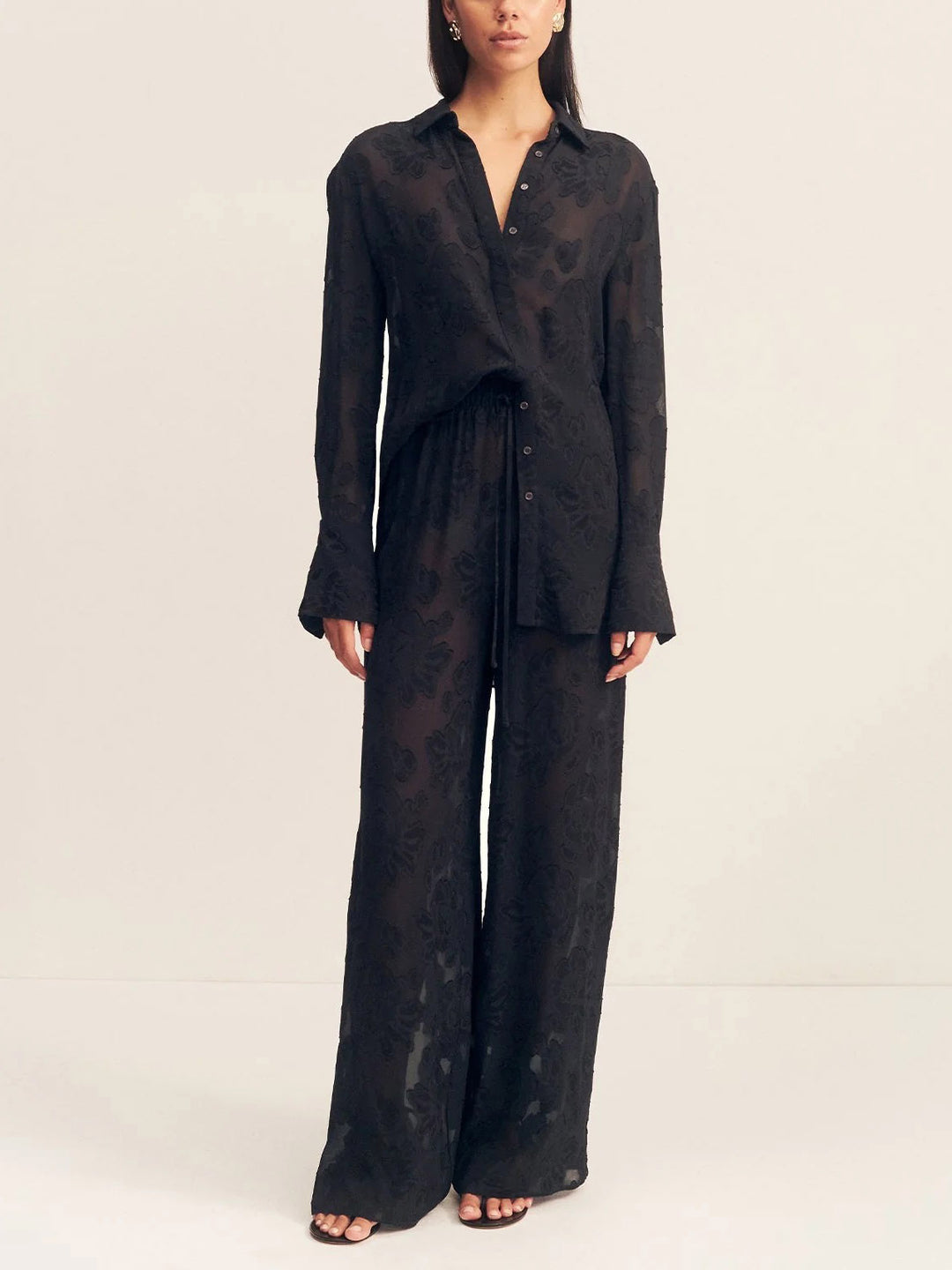 Elegant Sheer Jacquard Wide-Leg Pants