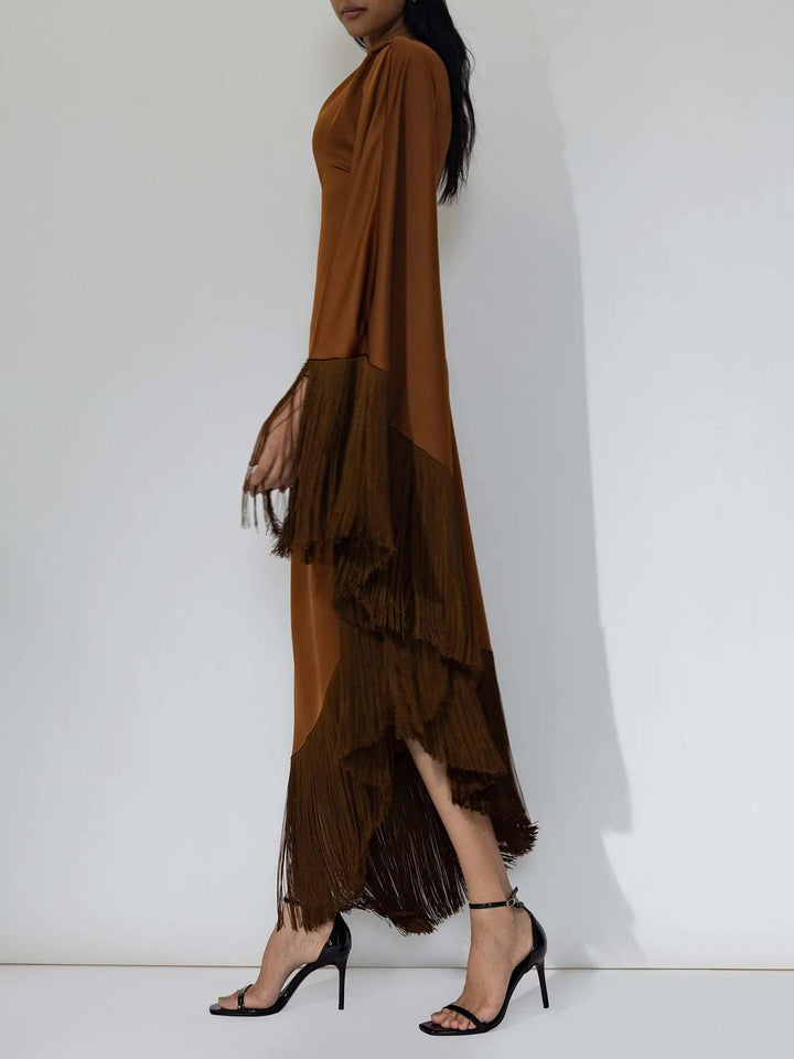 Elegant One-shoulder Sleeve Satin Fringe Maxi Dress