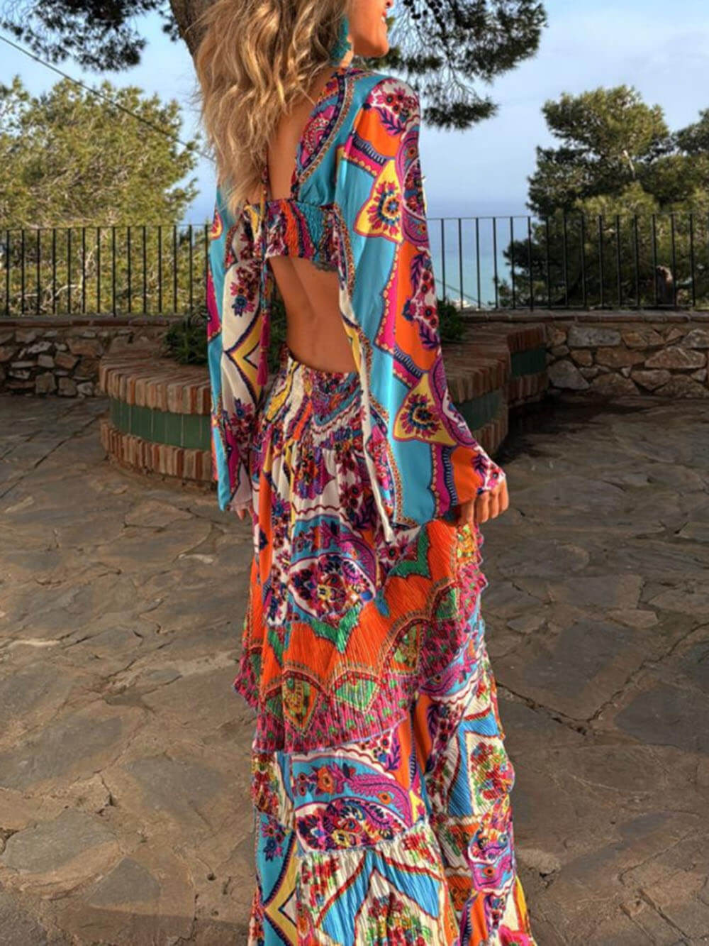 Unique Print Bell Sleeve Cutout Waist Layered Maxi Dress