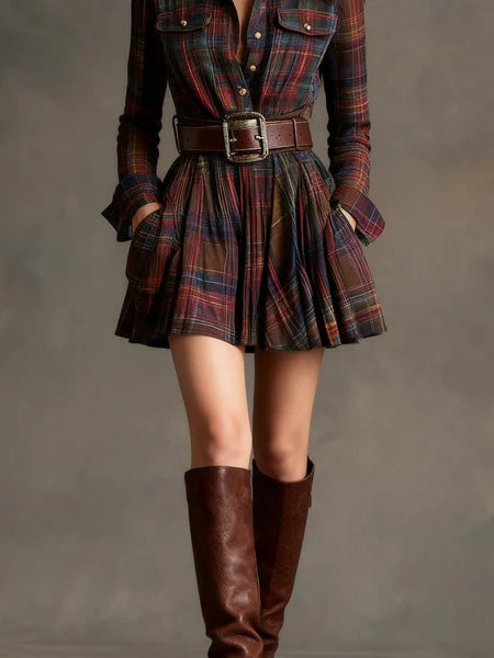 Retro Plaid Single-breasted Mini Dress