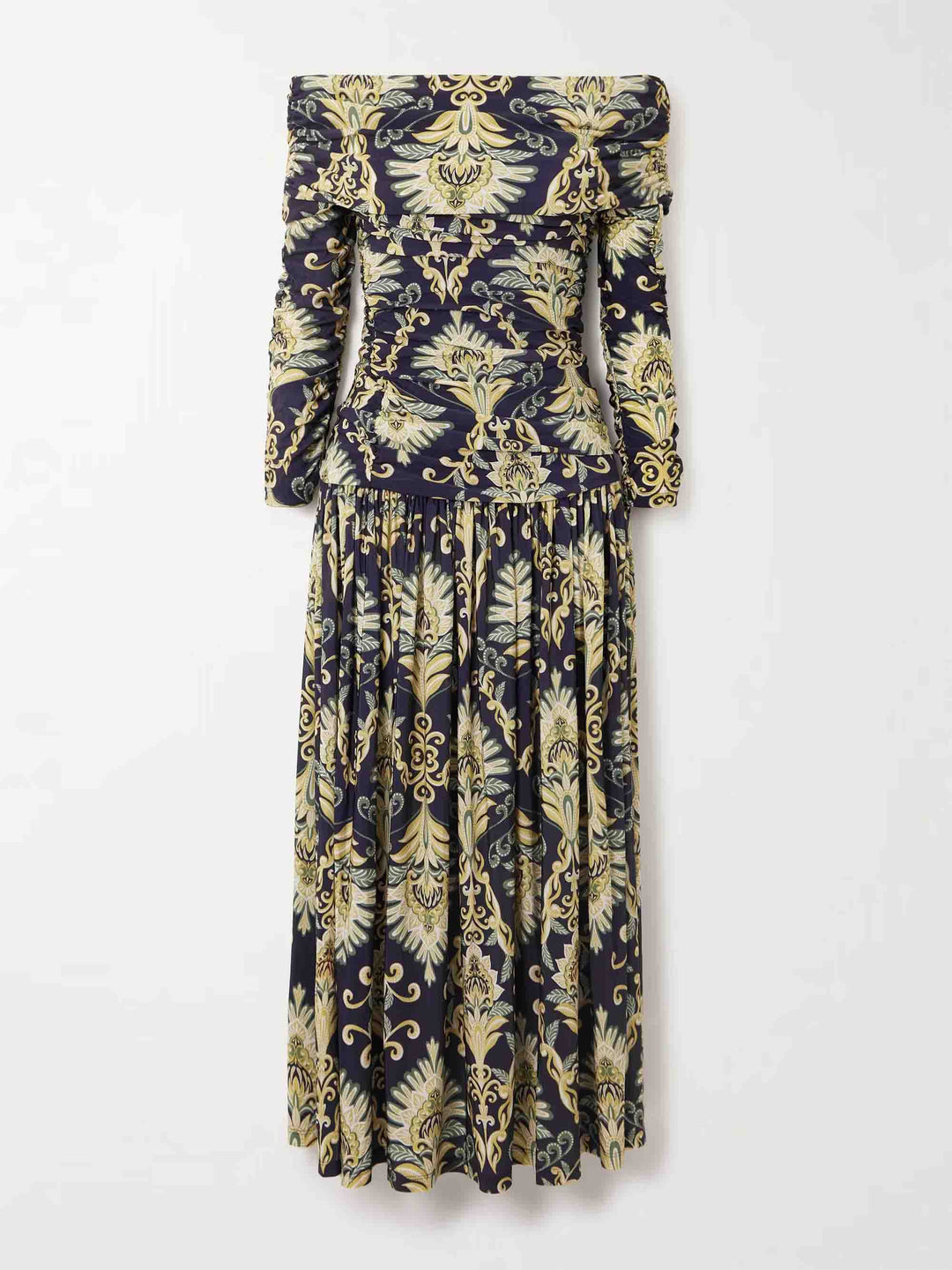 Retro Floral Print Bateau Neckline Pleated Maxi Dress