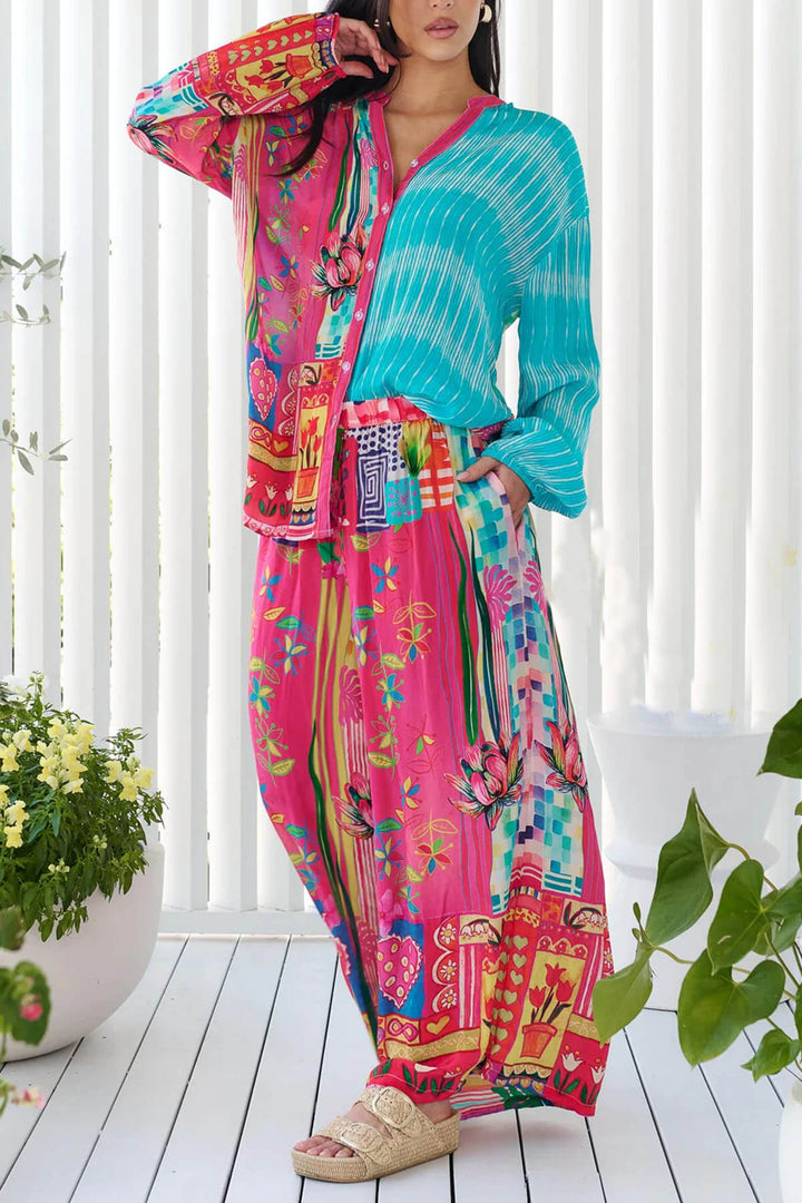 Unique Floral Print Elastic Waist Wide-Leg Pants