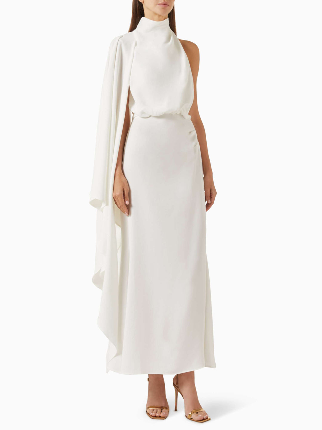Elegantly Draped Cape-sleeved Satin Maxi Dress