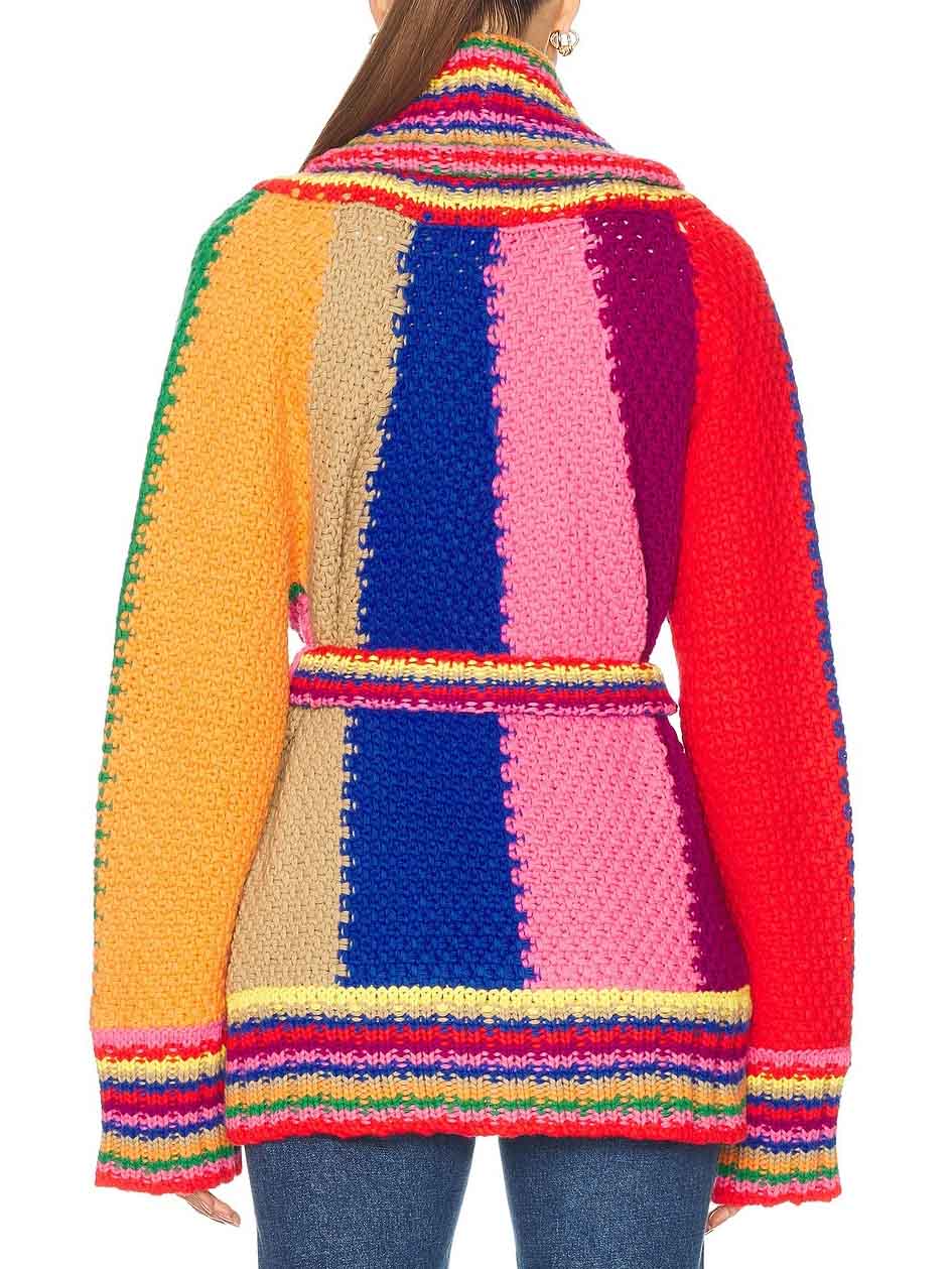 Unique Color-Block Hand-Knitted Belted Cardigan