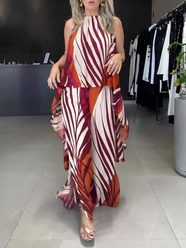 Fashionable Unique Positioning Print Long Sleeveless Top Wide Leg Pants Set