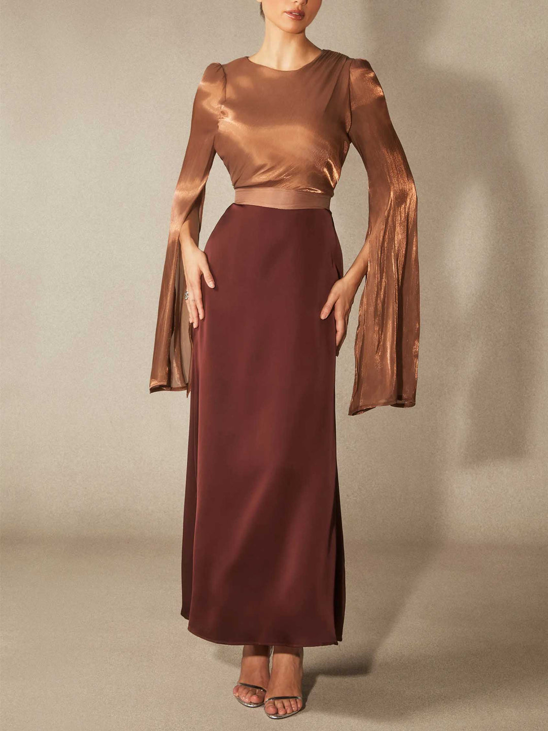 Elegant Satin Cape-Sleeve Maxi Dress