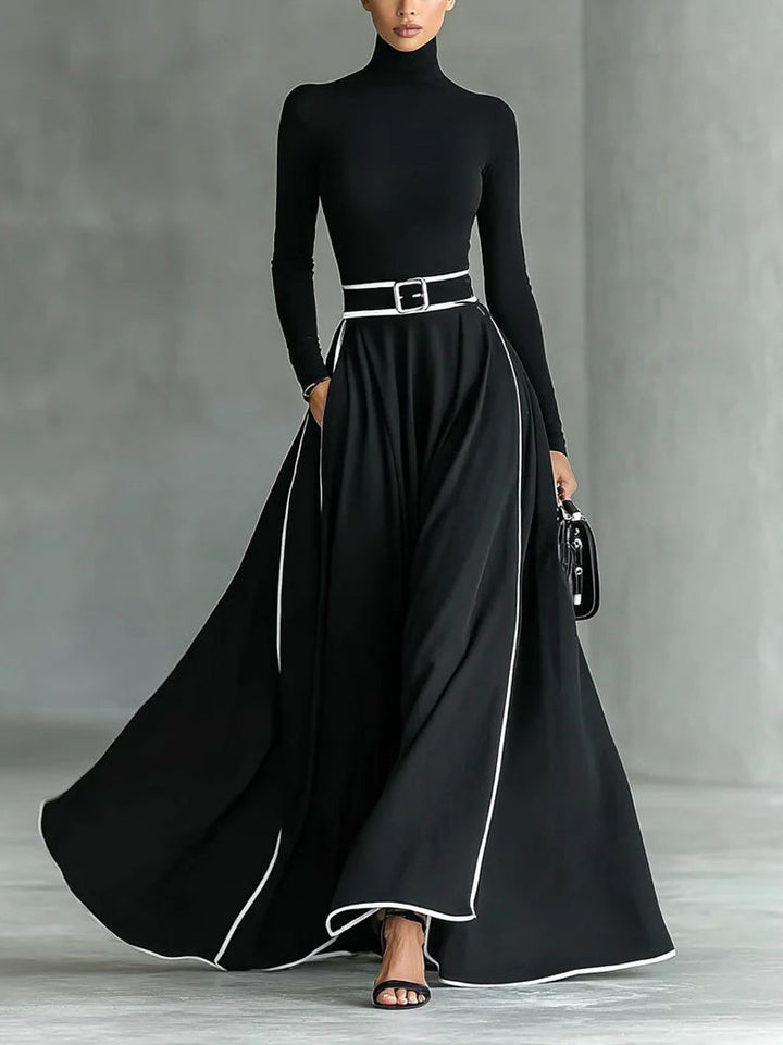 Elegant Color-blocked High-neck Maxi Dress