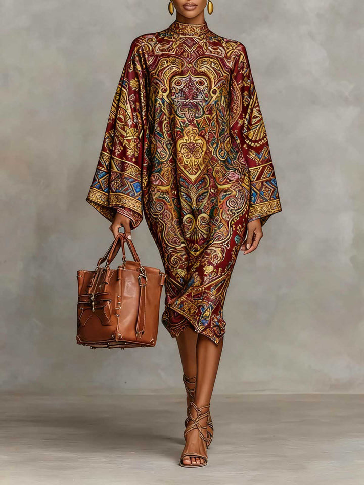 Retro Paisley Print Round Neck Flared Sleeve Midi Dress