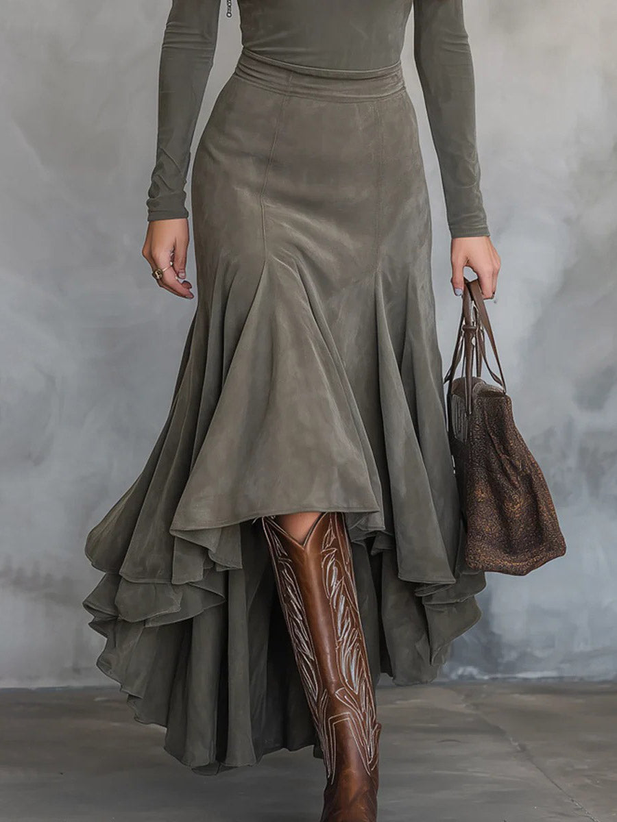 Retro Suede Irregular Midi Skirt Two-piece Set