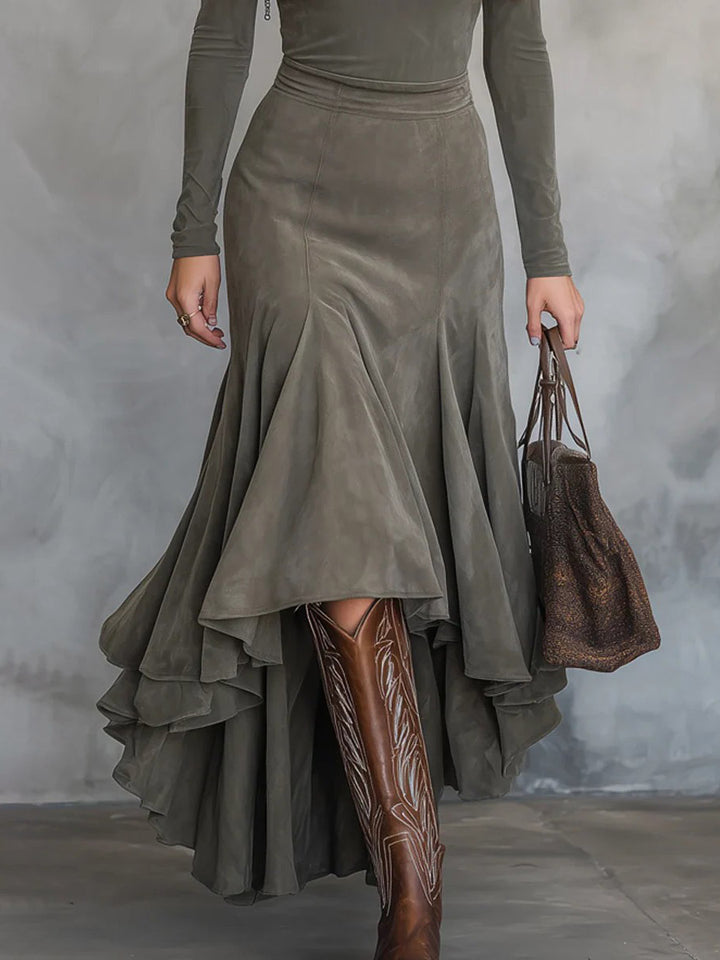 Retro Suede Irregular Midi Skirt Two-piece Set