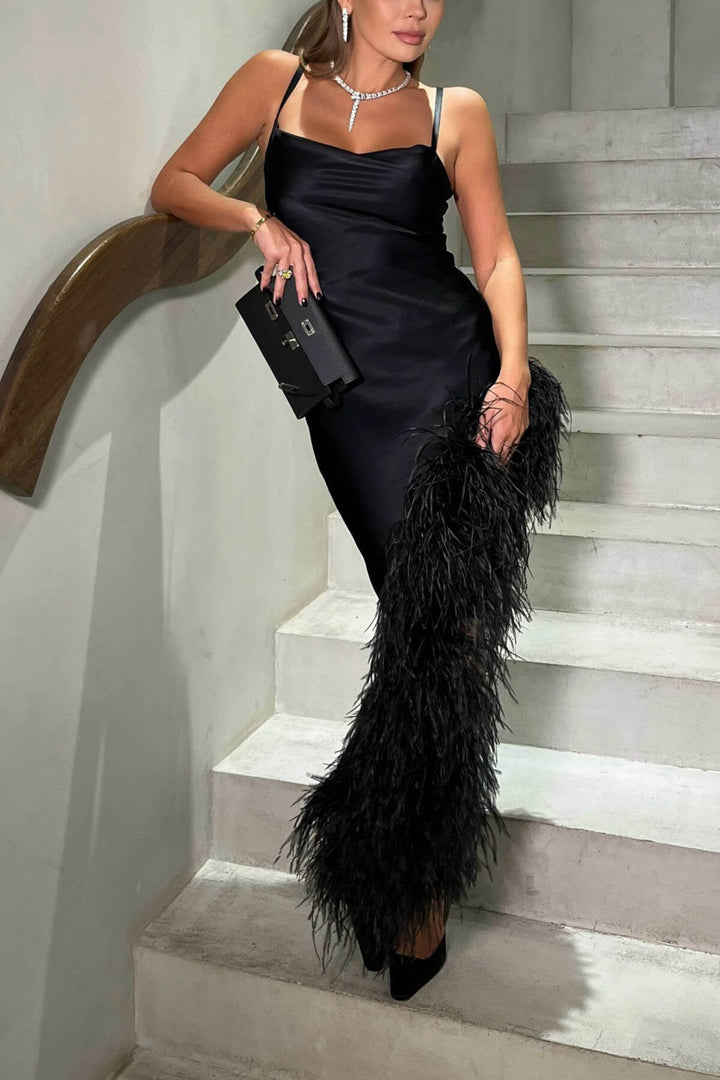 Elegant Asymmetric Feather-Trimmed Slip Maxi Dress