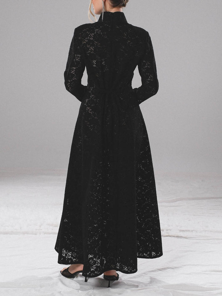 Elegant High-Neck Lace Slit Midi Dress