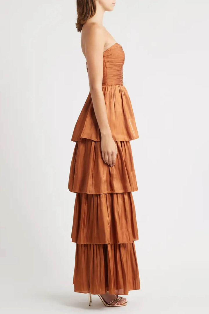 Exquisitely Pleated Strapless Layered Maxi Dress