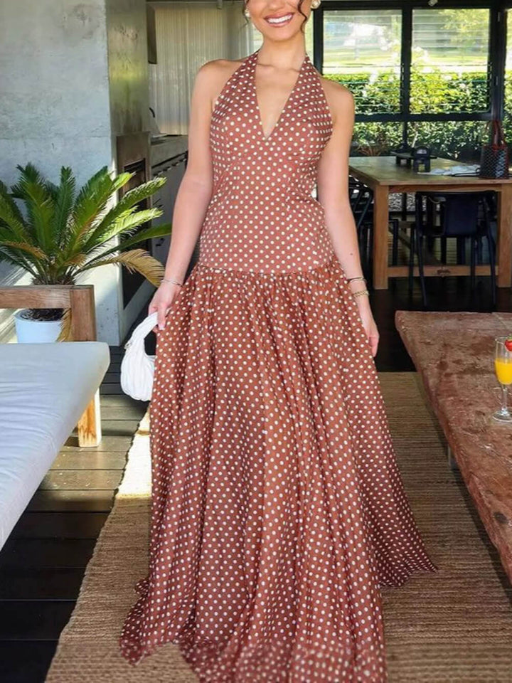 Chic Polka Dot Print V-Neck Halter Tie-Neck Maxi Dress