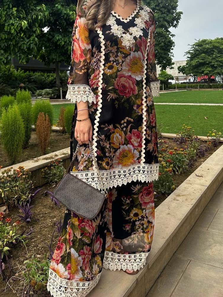 Elegant Floral Print Lace-Trim Long Shirt