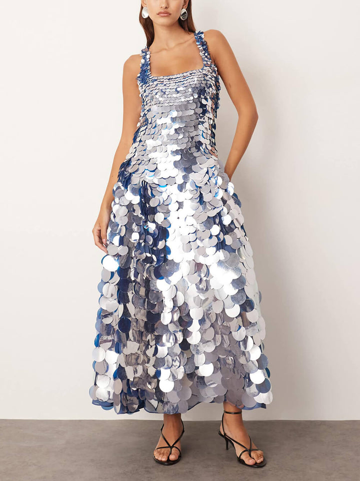 Exquisite Blue Sequin Square Neck Pocket Midi Dress