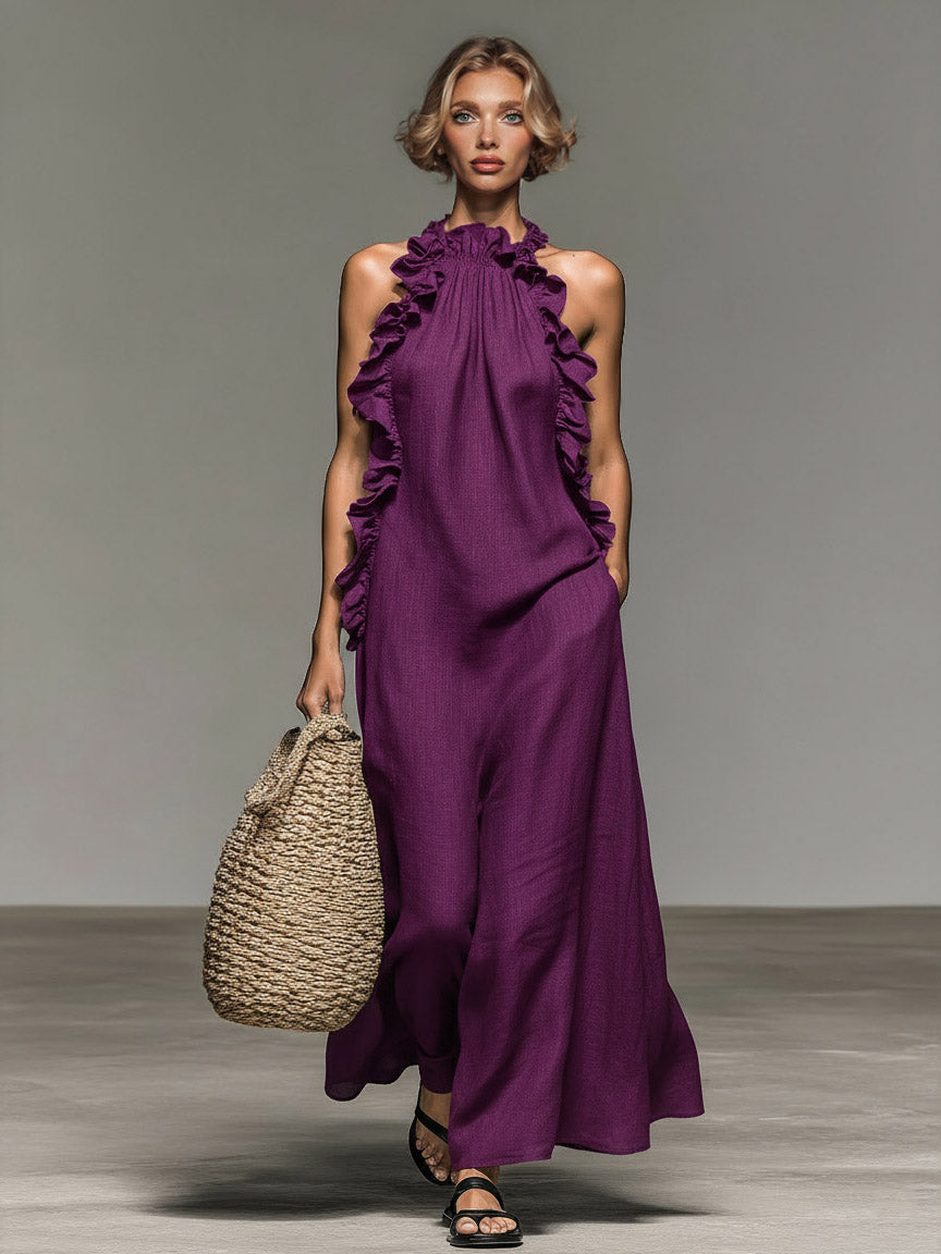 Elegant Ruffle Halter Neck Maxi Dress