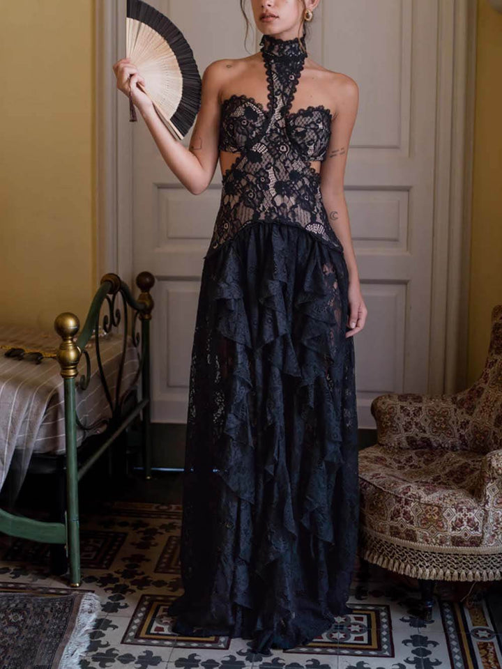 Delicate Lace High-Neck Cut-Out Ruffle Maxi Dress