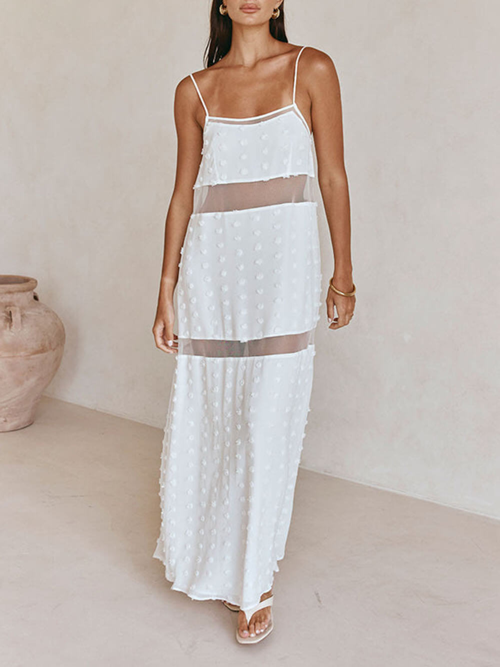 Refinement Textured Spot Sheer Mesh Patchwork Slip A-line Maxi Dress