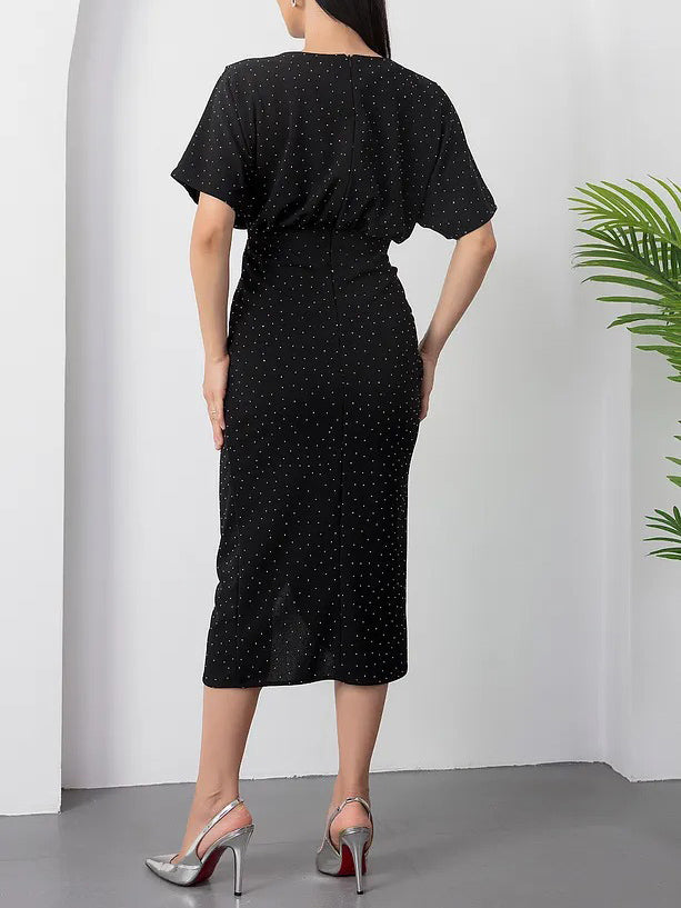 Elegant Round Neck Silver Polka Dot Print Slit Dress