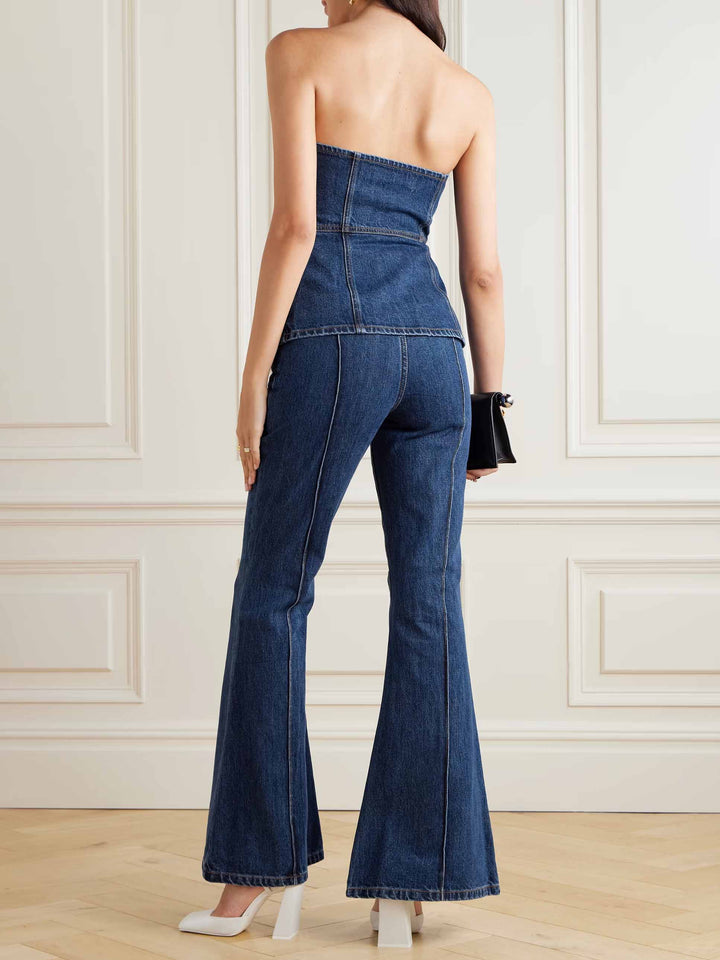Chic Strapless Button-Up Denim Corset Top