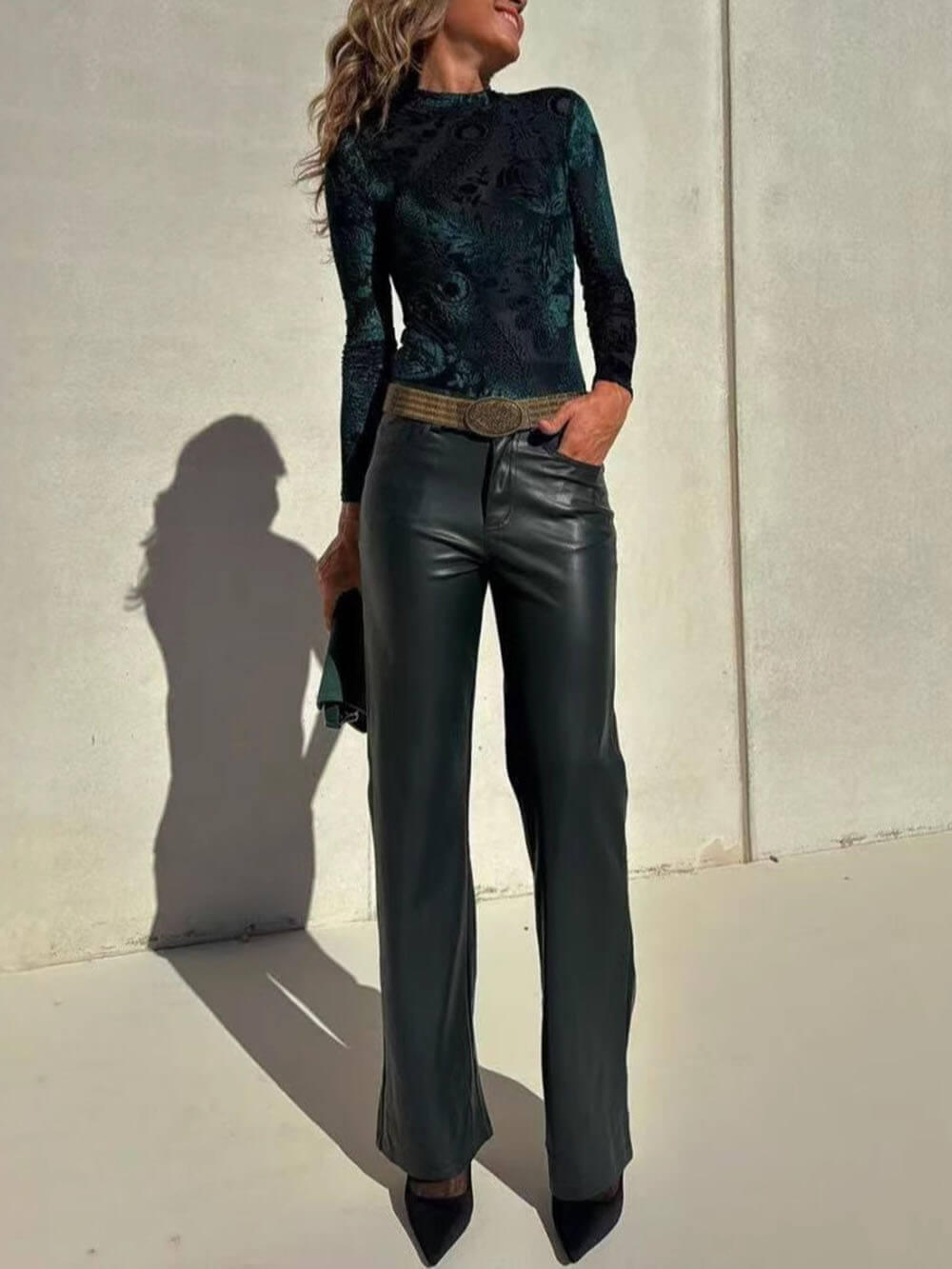 Casual Draped High-Rise Straight-Leg Leather Pants