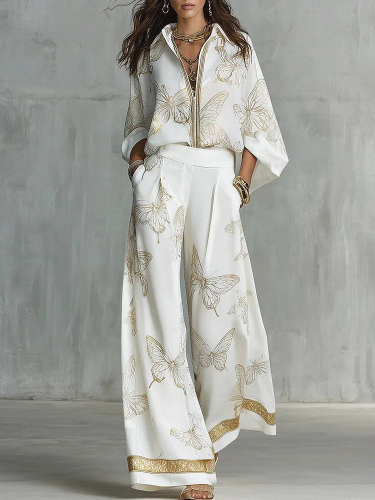 Elegant Butterfly Print Zip Shirt