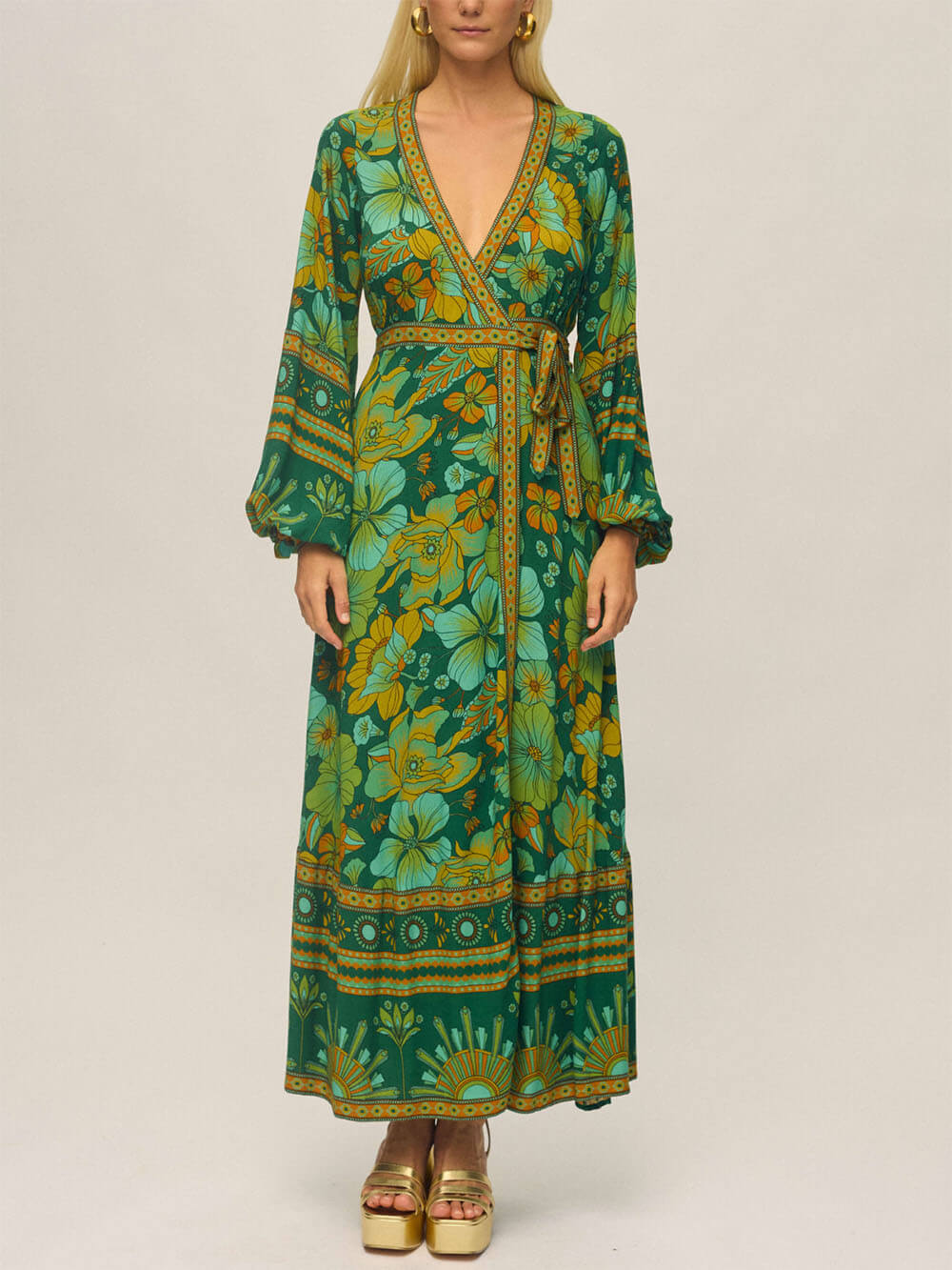 Incredibly Exquisite Fine Print Wrap Silhouette Maxi Dress