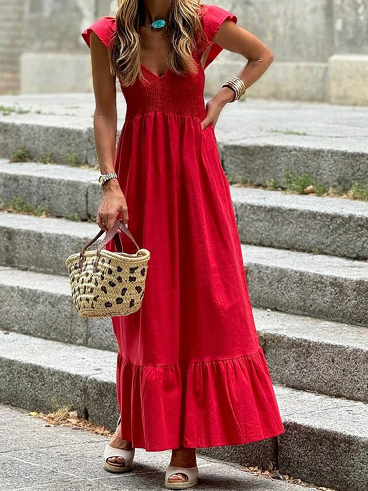 Fashion Solid Color Flying Sleeves Midi Dress