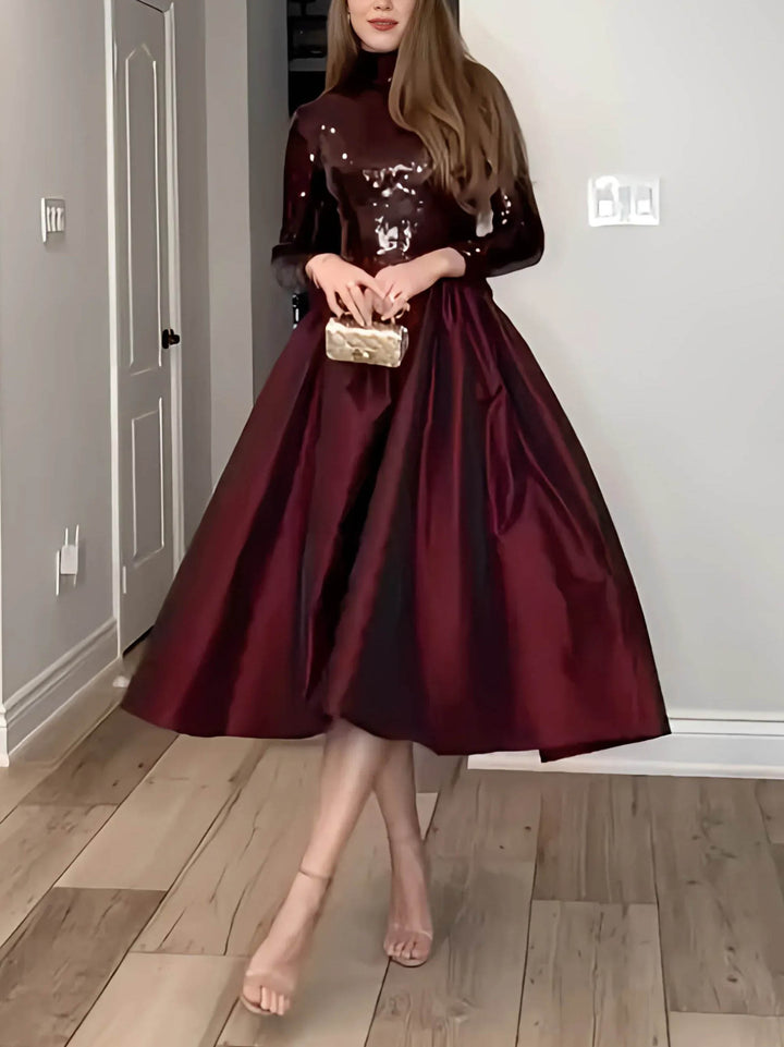 Elegant Sequined High-neck Party Midi Dress