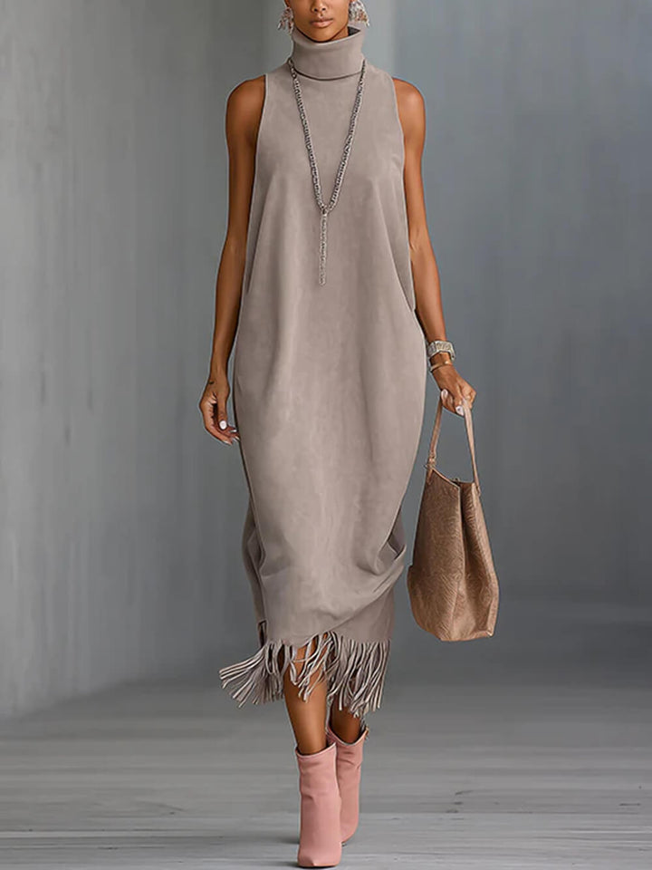 Elegant Faux Suede Fringe Hem Sleeveless Turtleneck Midi Dress
