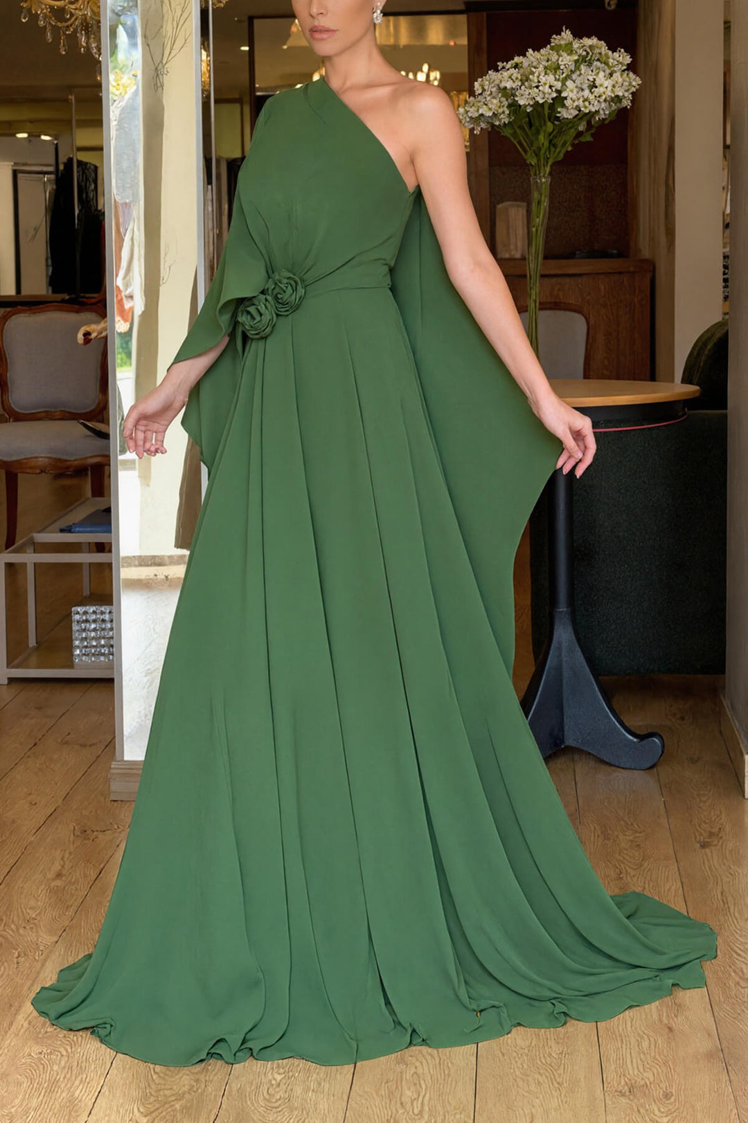 Elegant One-Shoulder Chiffon Flowy Party Maxi Dress