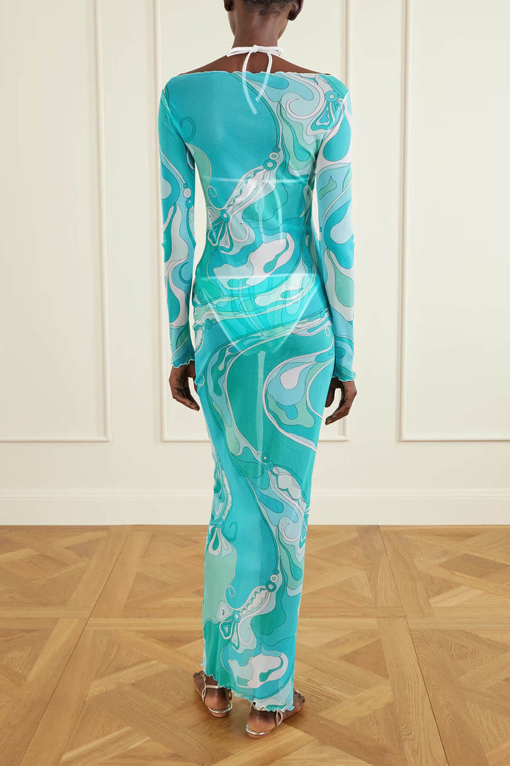 Exquisite Unique Ruffled Printed Tulle Maxi Dress