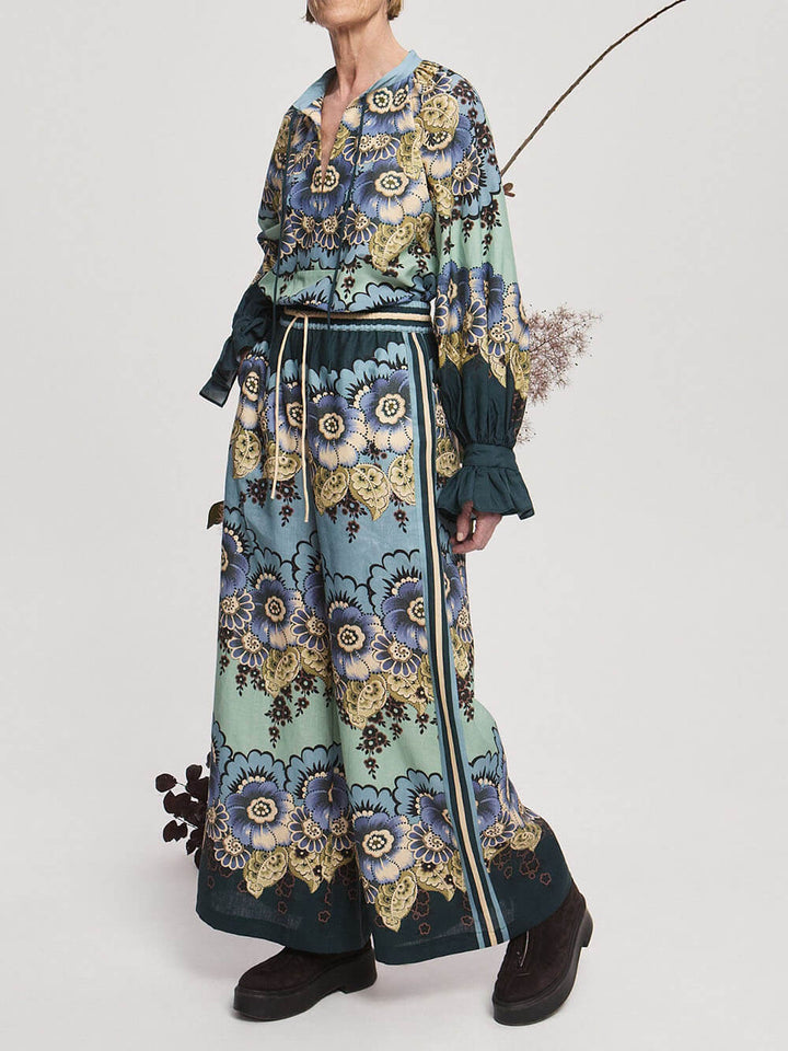 Classic Unique Floral Print Colorblocked Lace-Up Pockets Elastic Waist Wide-Leg Pants