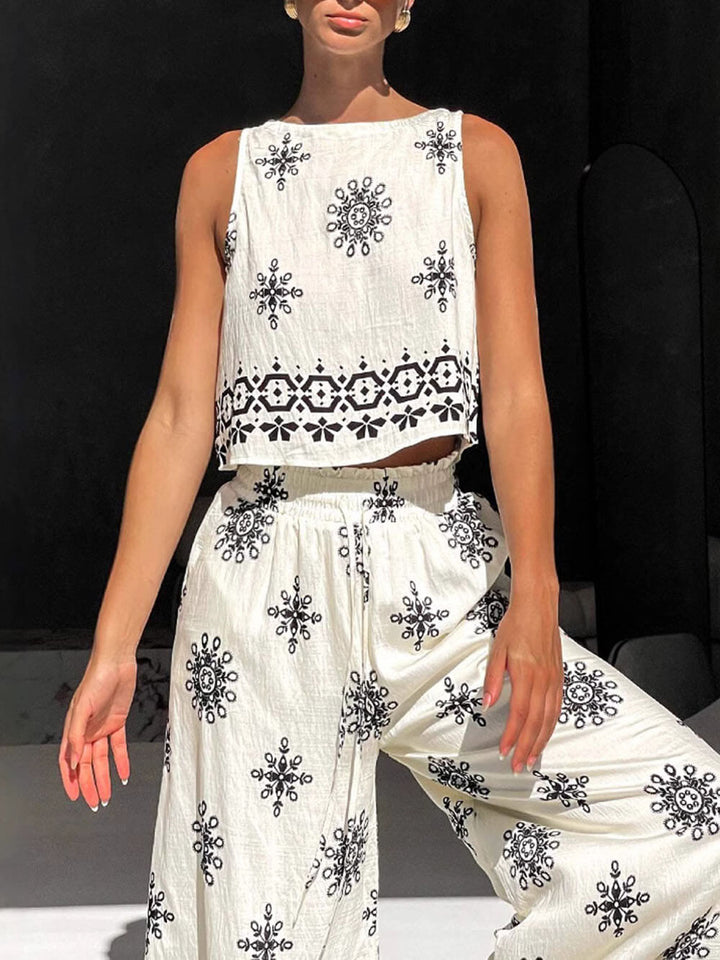 Fashionable And Casual Unique Printed Linen Vest Wide-Leg Pants Set