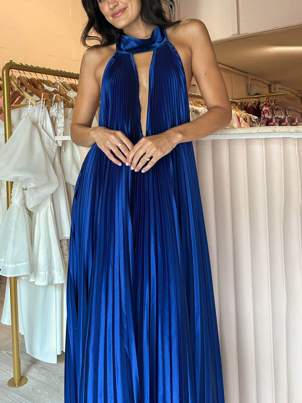 Unique Pleated Hollow Swing Opera Gown Maxi Dress